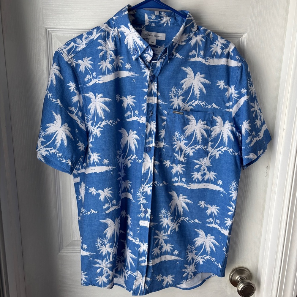 Casual Blue Palm-Print Swim Set - Shirt and Trunks